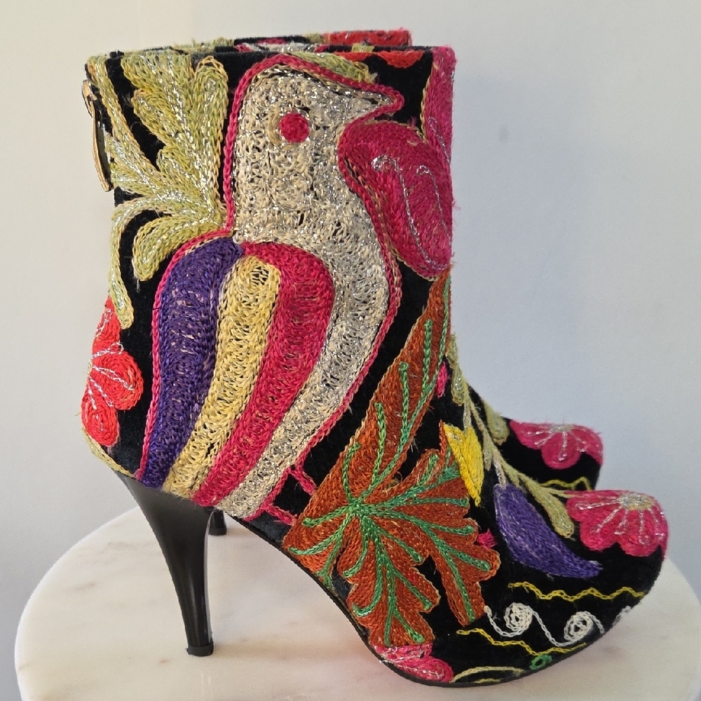 Rockwell Tharp Embroidered Floral And Bird Leather Ankle Boots Vintage Size 38 - Picture 3 of 8